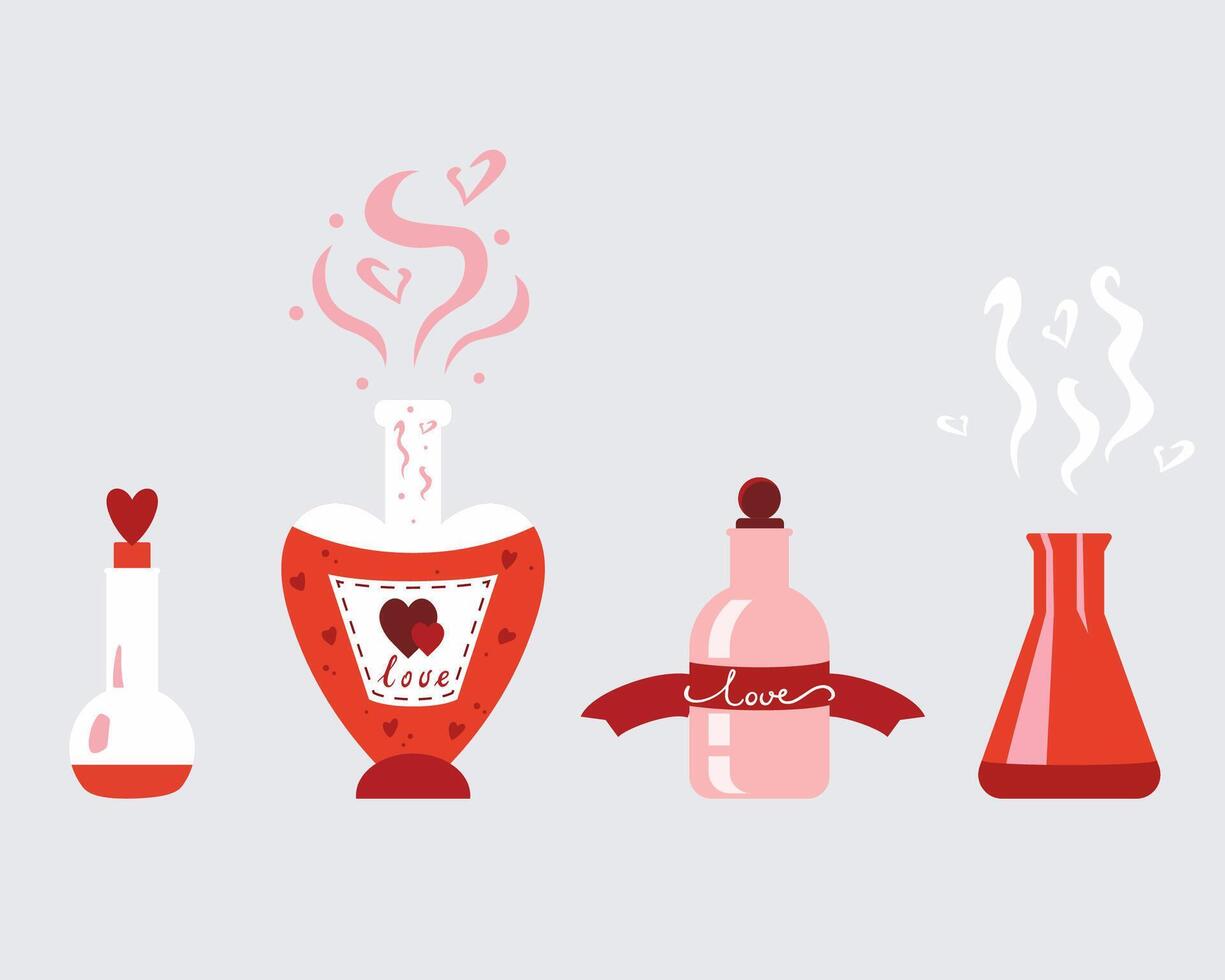 Set cute love potion bottle and flask of love drink. Decoration for menu or postcard and poster for happy valentine's day. illustration in flat cartoon style vector