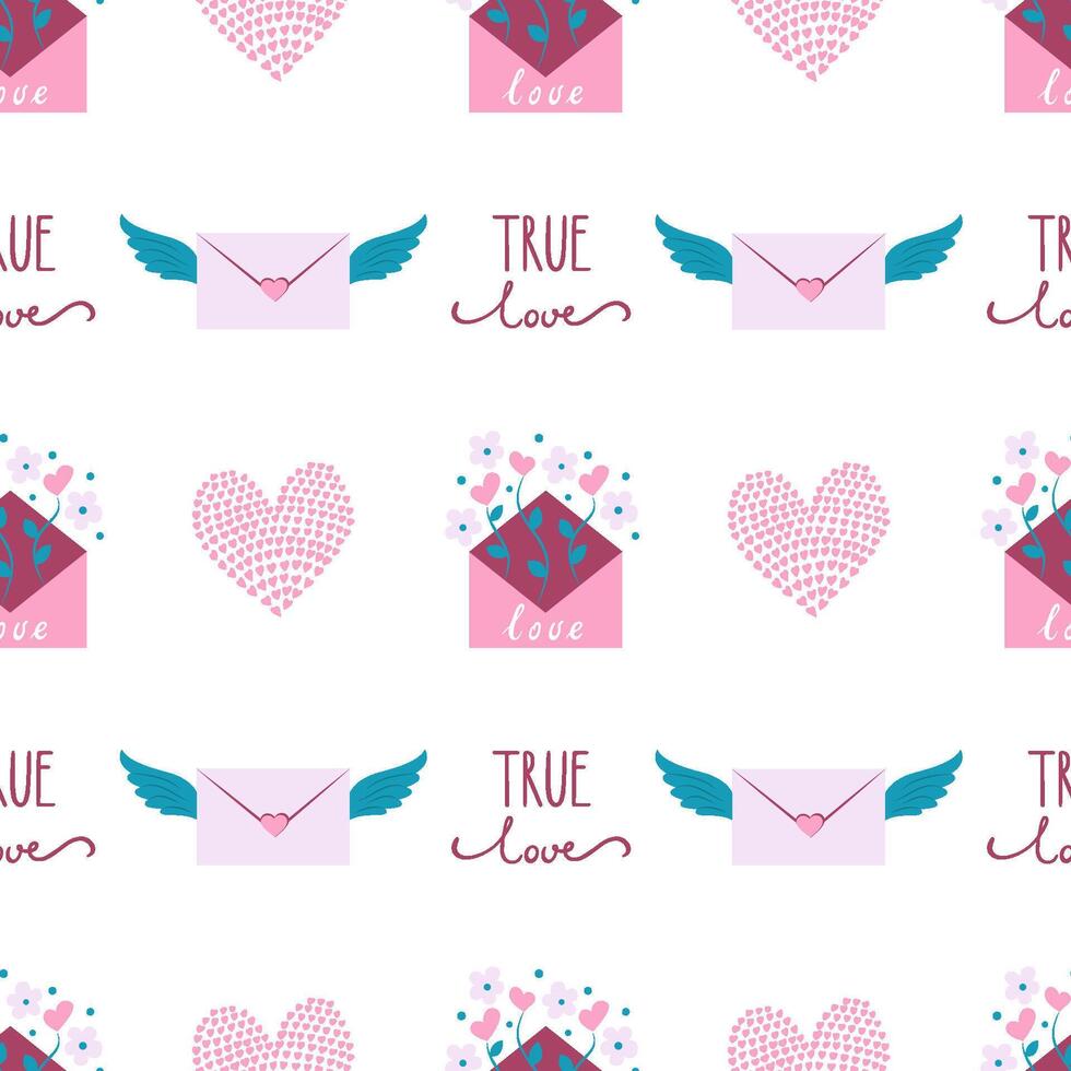Seamless pattern with paper envelope and flowers heart. True love lettering. Valentine's Day digital paper wallpaper textile fabric repeat background vector