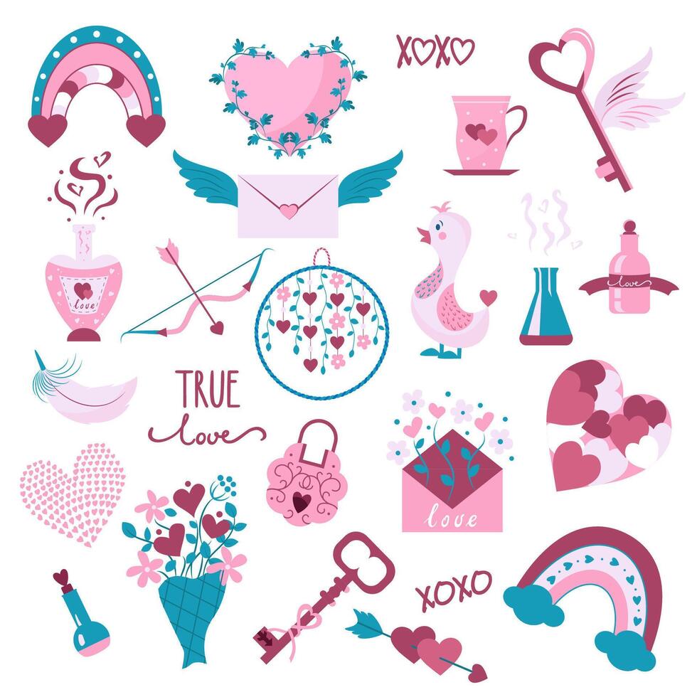 Set of valentine's day symbols on white background. Valentines day flat icons in pink colors. Symbols of love - heart, arrow, valentine, gift, flower, key, lock, message, rainbow, potion, bird vector
