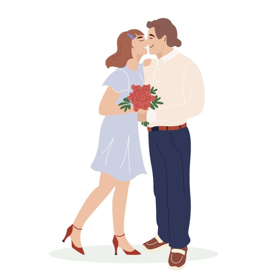 Cartoon romantic couple hug in love. Happy man and woman with flowers enjoying romantic date together. flat illustration isolated on white. Joyful male and female feeling of love vector