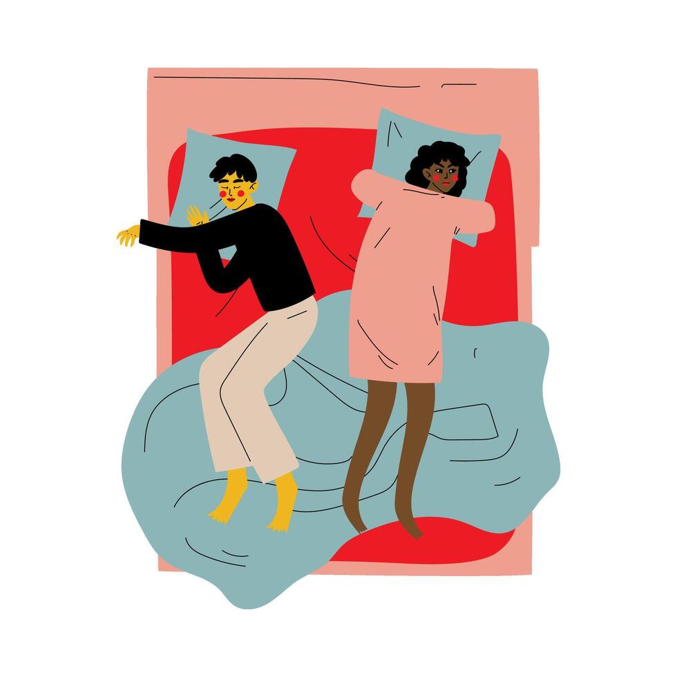 Interracial Couple Sleeping Together in Double Bed at Night, Girl Lying With Open Eyes, Insomnia View From Above Illustration vector