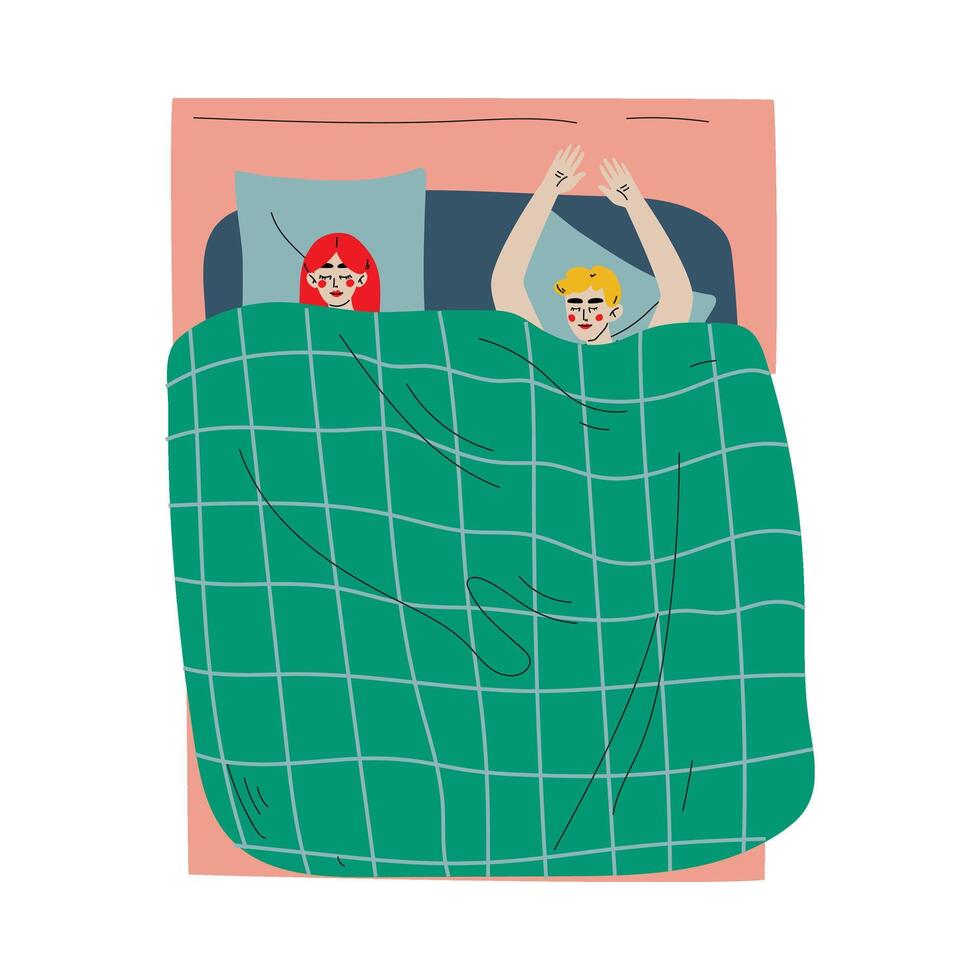 Couple Sleeping in Bed Together Under Blanket, View From Above Illustration vector