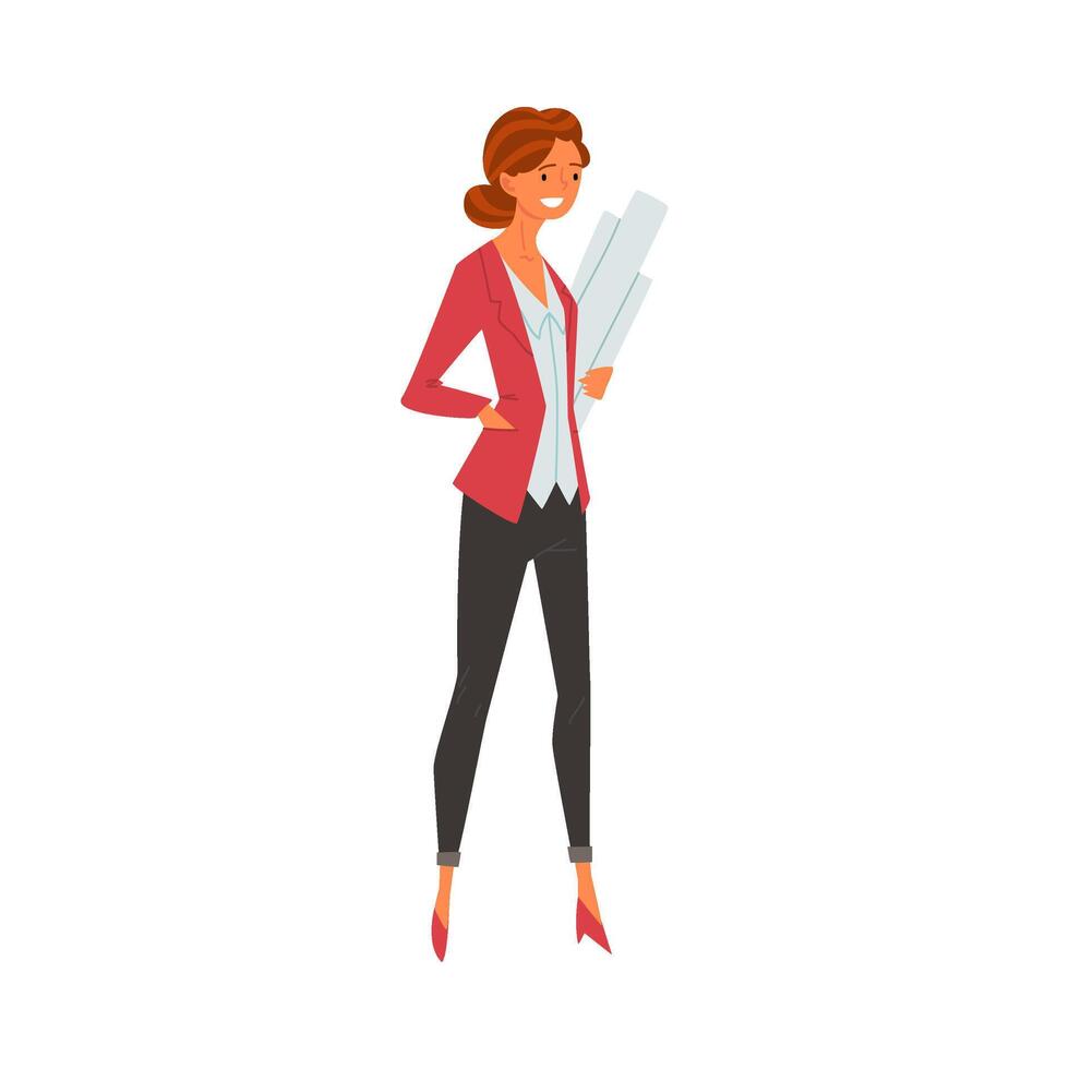 Female Architect, Professional Construction Worker Engineer Character with Projects Blueprints Illustration vector