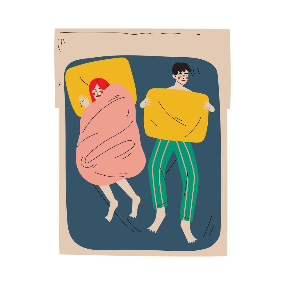 Family Couple Sleeping Together in Double Bed at Night, View From Above Illustration vector