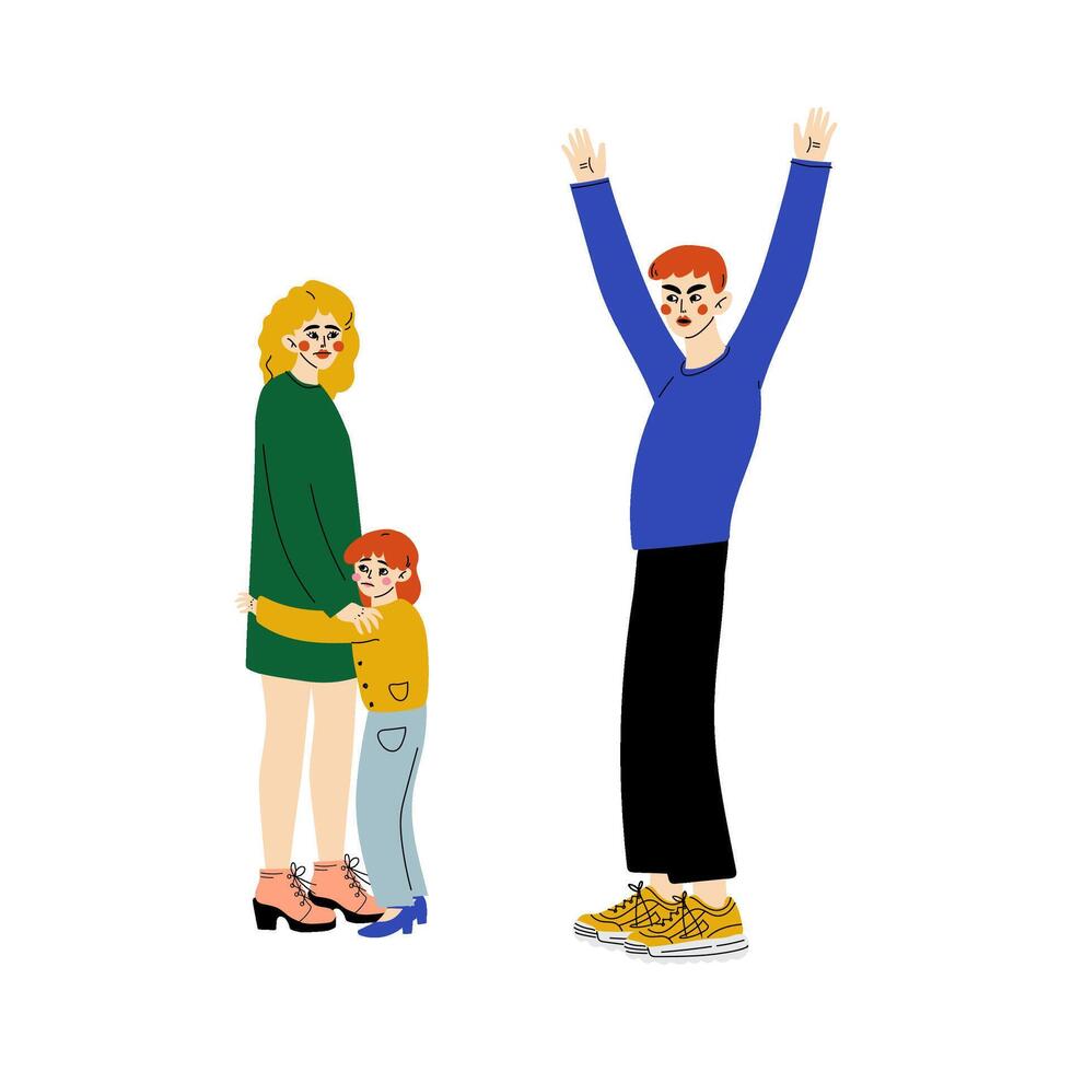 Furious Husband Quarreling with his Wife Who Hugging Frightened Girl, Family Conflict, Disagreement in Relationship, Negative Emotions Illustration vector