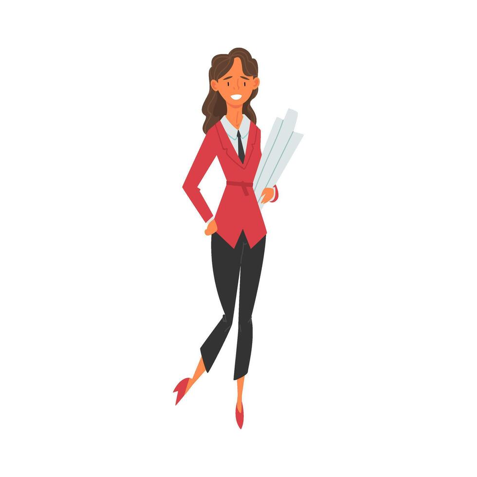Smiling Female Architect, Professional Construction Worker Engineer Character with Projects Blueprints Illustration vector