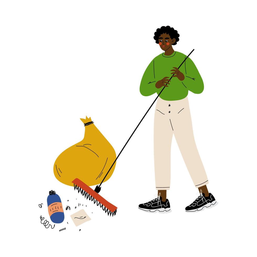 African American Man Gathering Garbage and Plastic Waste with Rake, Male Volunteer or Janitor Picking Up Litter, Volunteering, Ecological Lifestyle Illustration vector