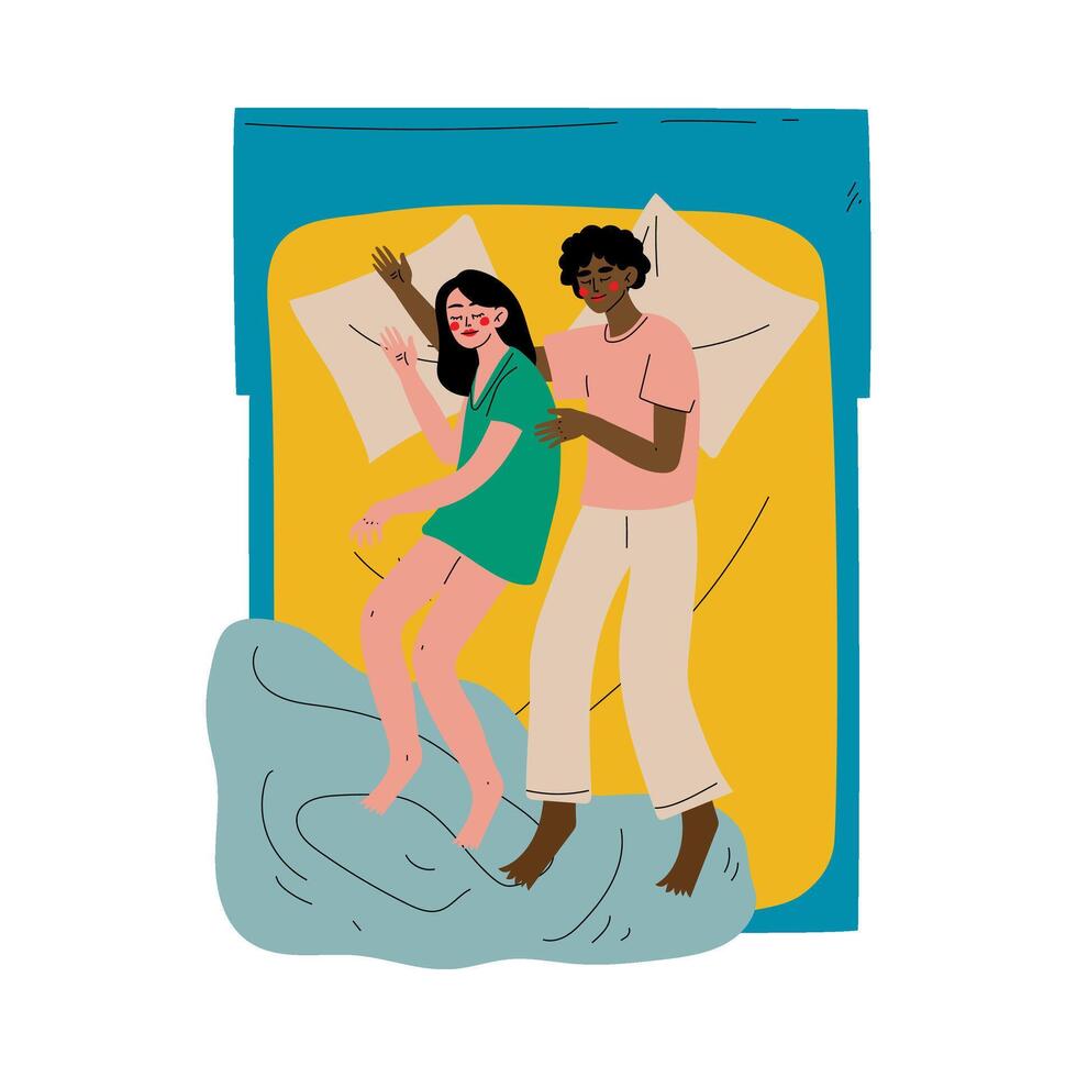 Interracial Couple Sleeping Together in Double Bed at Night View From Above Illustration vector