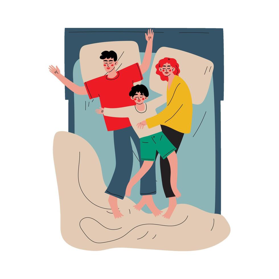 Mother, Father and Son Sleeping Together in Bed, Happy Family, Husband, Wife and Kid Embracing Each Other and Slumbering at Night View From Above Illustration vector