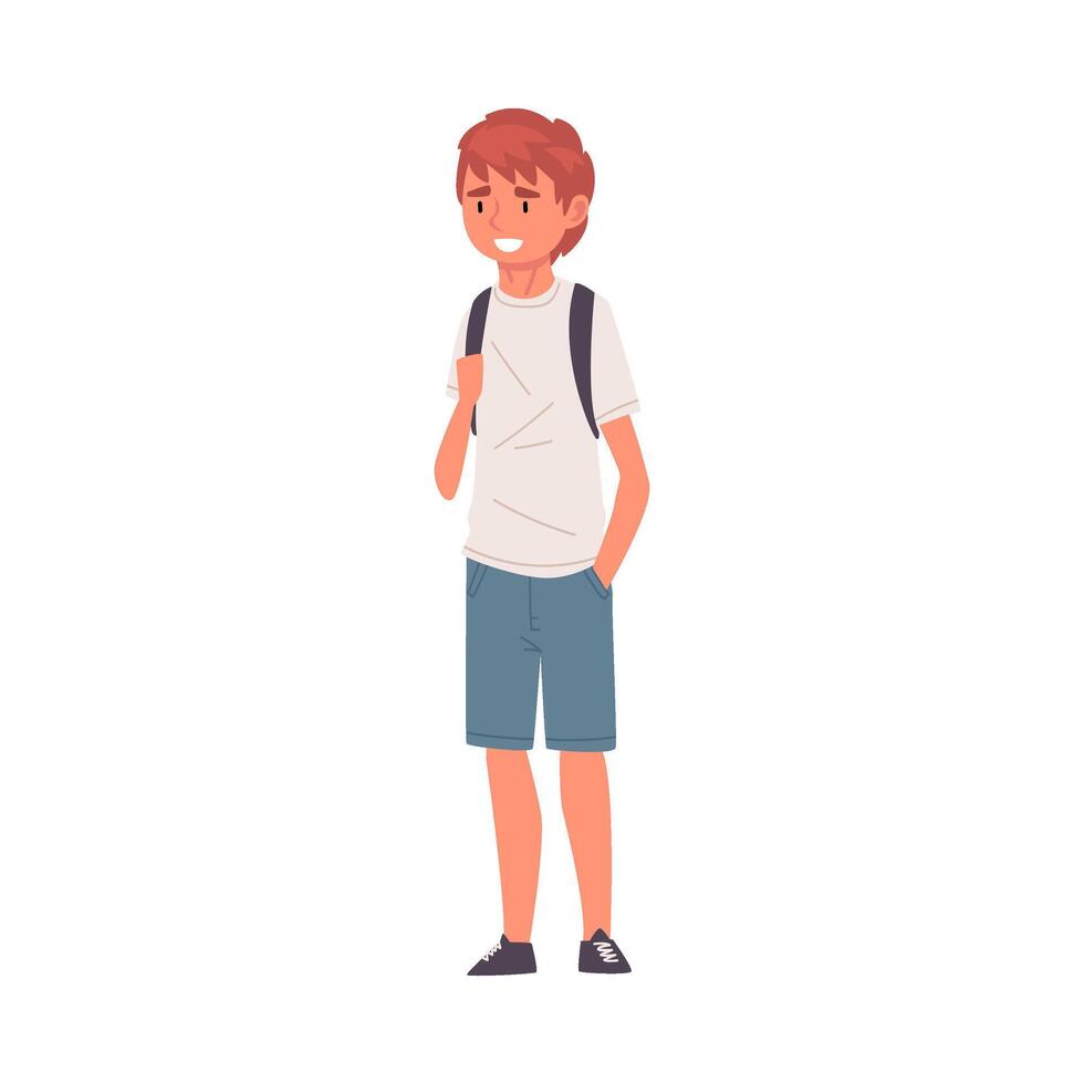 Smiling Guy in Shorts and White T-shirt Standing with Backpack, Happy Student in Casual Clothes Illustration vector