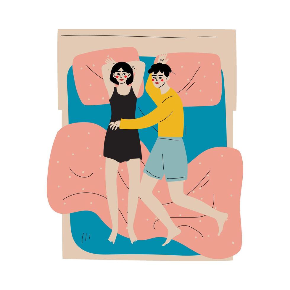 Family Couple Sleeping Together in Bed, Husband Embracing His Wife, View From Above Illustration vector