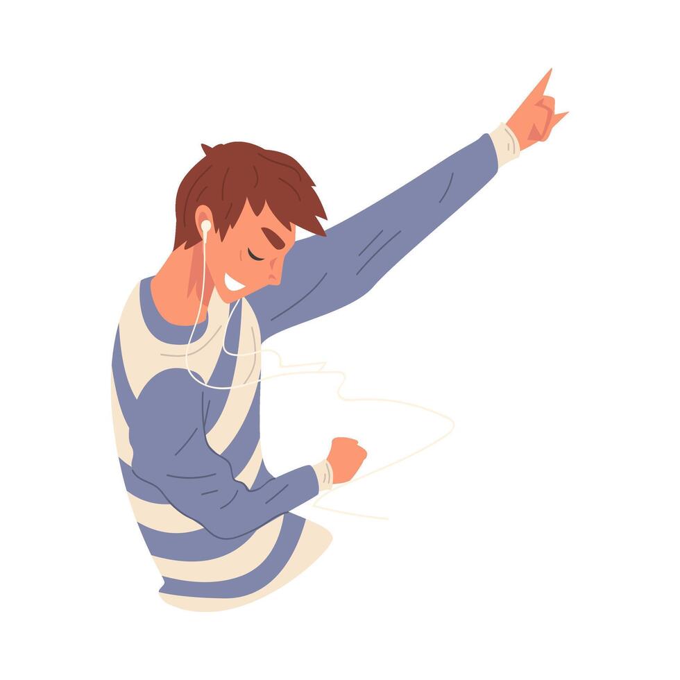 Young Man Wearing Earphones Listening to Music and Dancing, Happy Guy Using Mobile Device Illustration vector