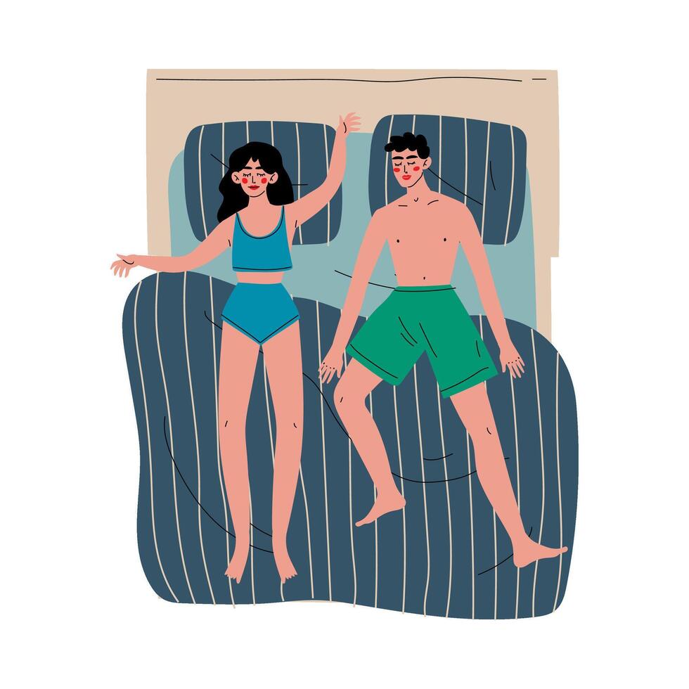 Couple Sleeping Together in Double Bed in Underwear, View From Above Illustration vector