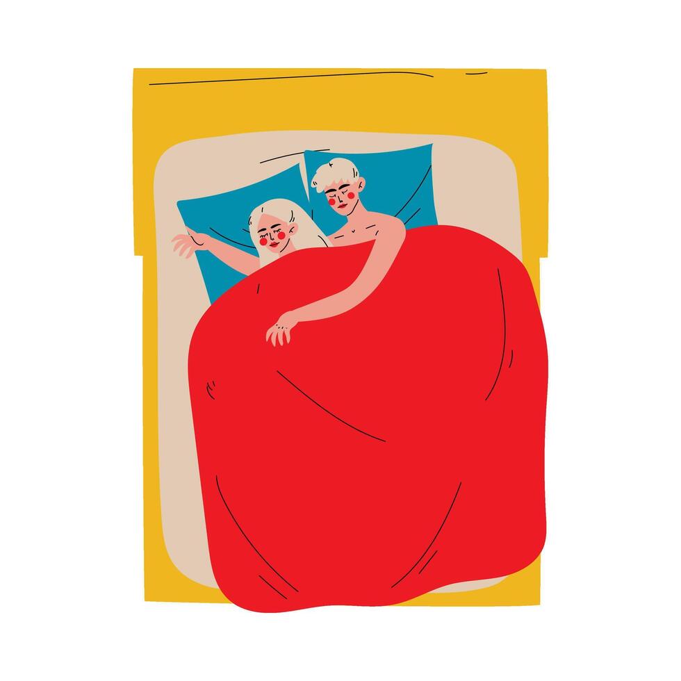 Family Couple Sleeping Together in Double Bed at Night Under Blanket, View From Above Illustration vector