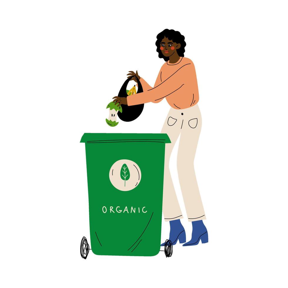 African American Woman Throwing Organic Waste into Garbage Container, Girl Sorting Waste for Further Processing Illustration vector