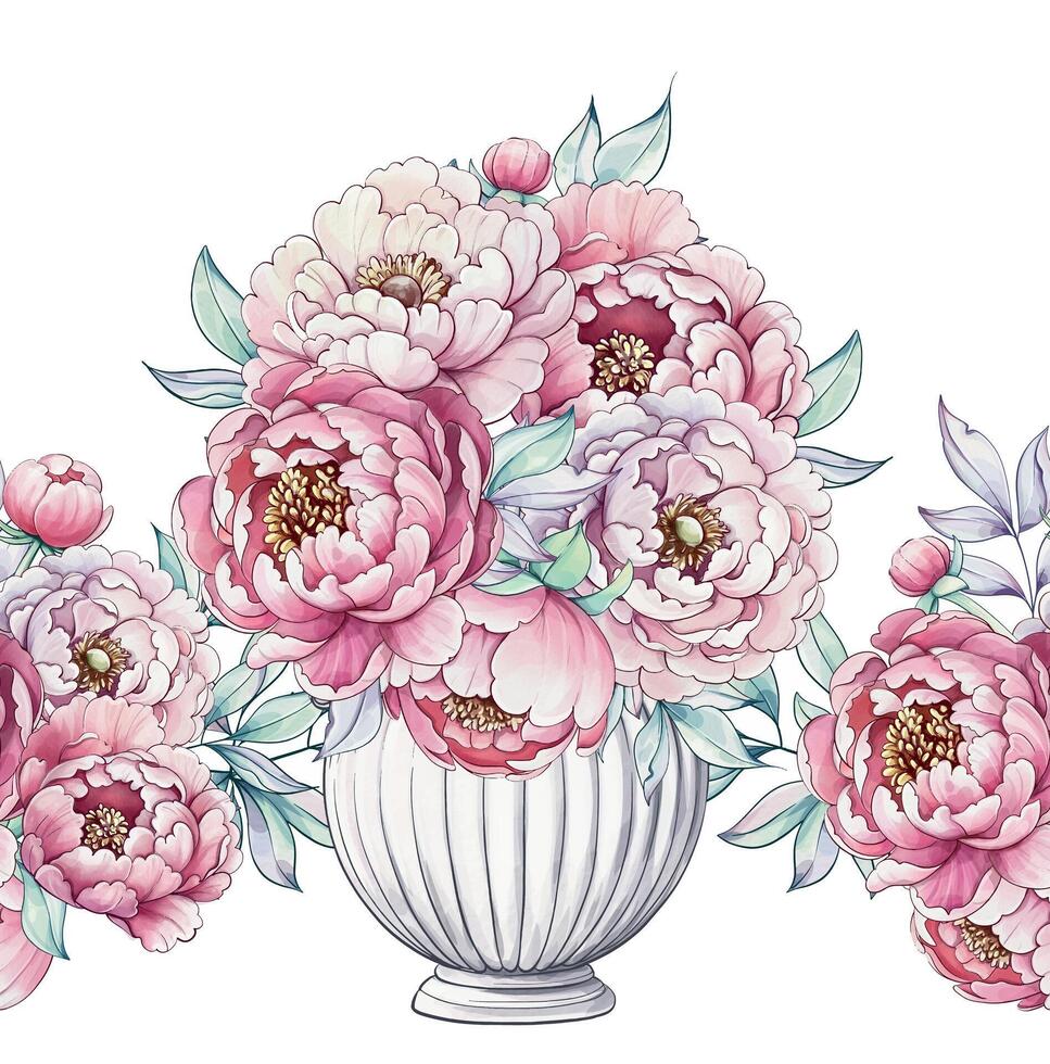 A stunning arrangement of soft pink peonies bursting from a classic vase, exuding the warmth of spring and natures grace. vector