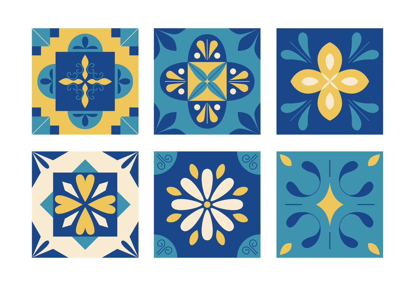 Azulejos Mediterranean blue and yellow tiles background. Abstract geometric floral pattern. Italian, Portuguese, Spanish, Moroccan traditional style. Mosaic. illustration vector