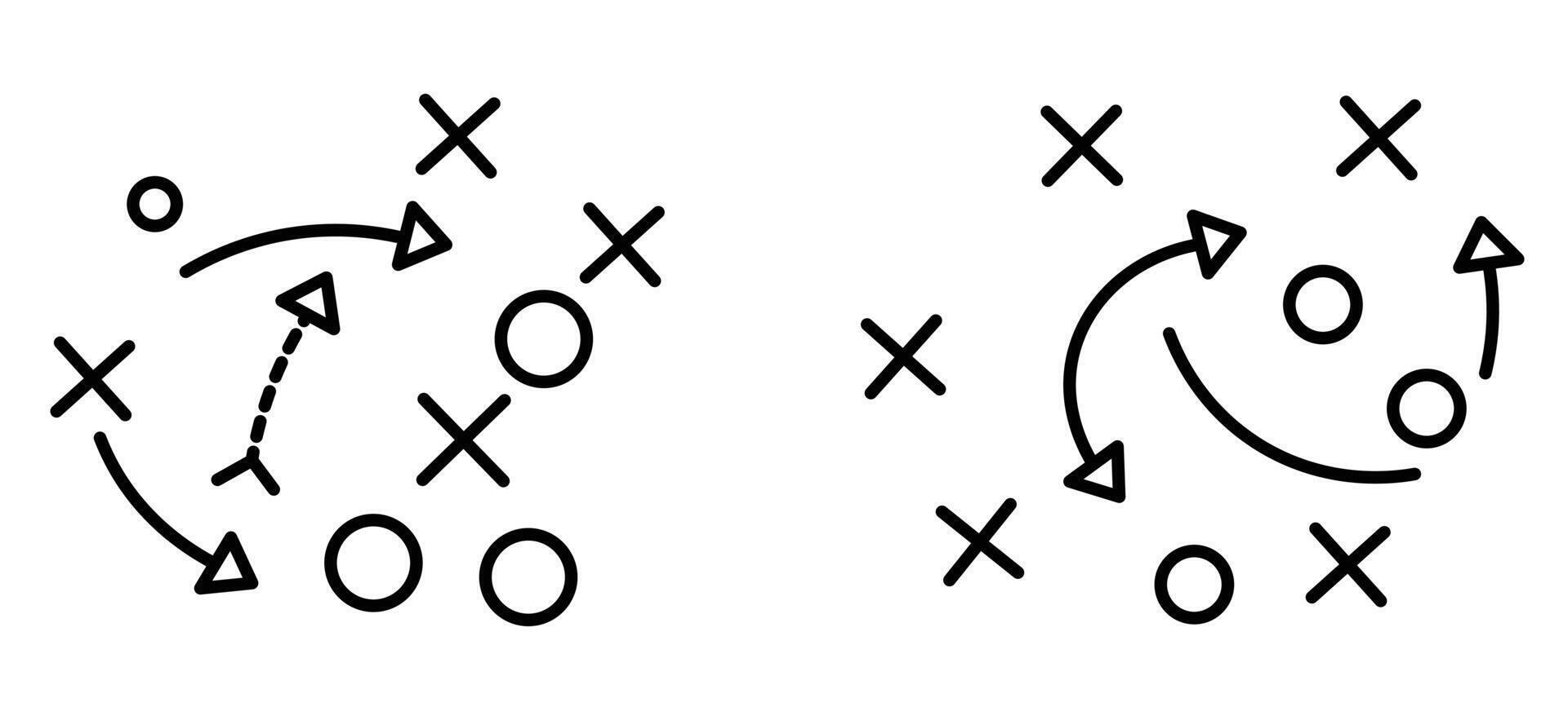 Soccer game strategy. Tactic plan outline icons illustration. vector