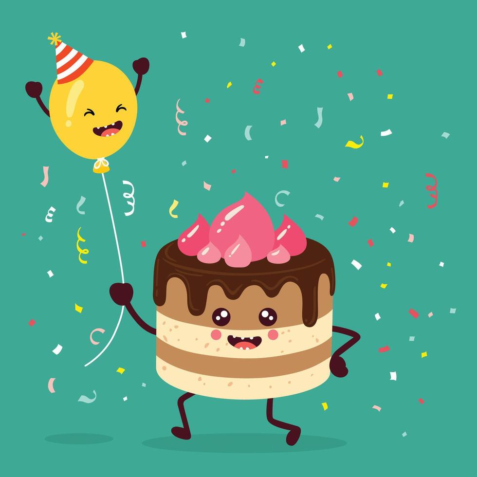 Cute Greeting Card with Festive Cake with Funny Balloon vector
