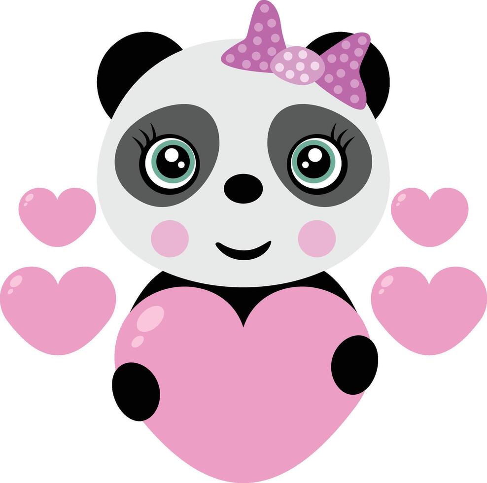 Adorable panda girl wearing a bow and holding a heart vector