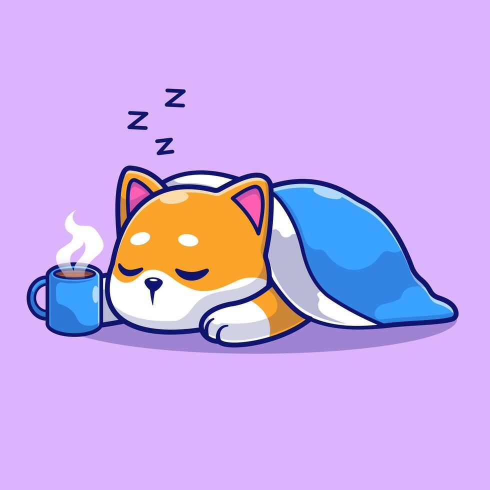 Cute Shiba Inu Dog Sleeping With Coffee And Blanket Cartoon vector