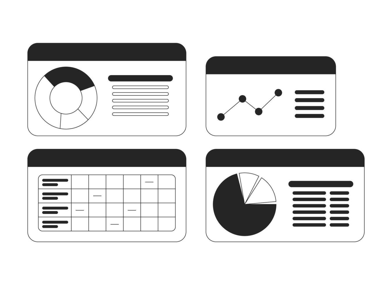 Business dashboard with pie charts and graphs black and white 2D line objects set. Data analysis, analytics reports isolated clip arts outline items collection. Monochrome spot illustrations vector