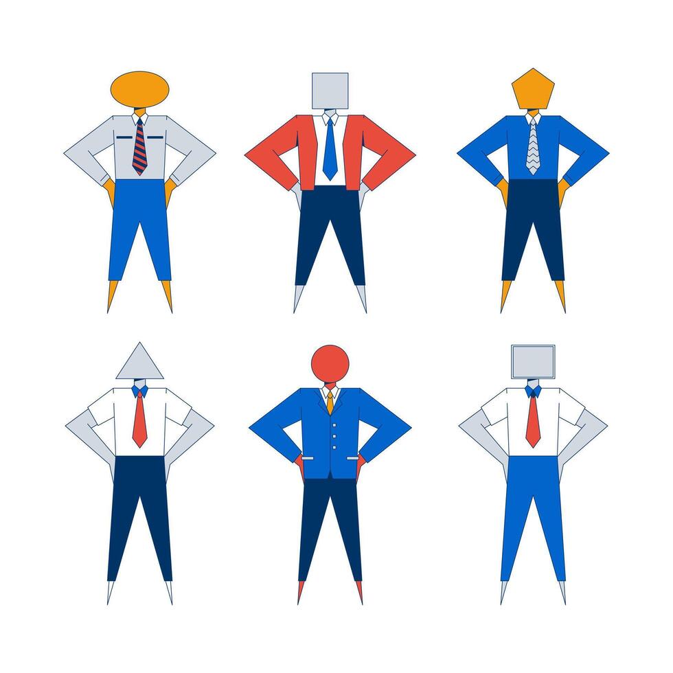 Abstract geometric businessmen in various shapes 2D cartoon characters set. Individuality. Businesspeople figures isolated personages flat on white background. Spot illustrations collection vector