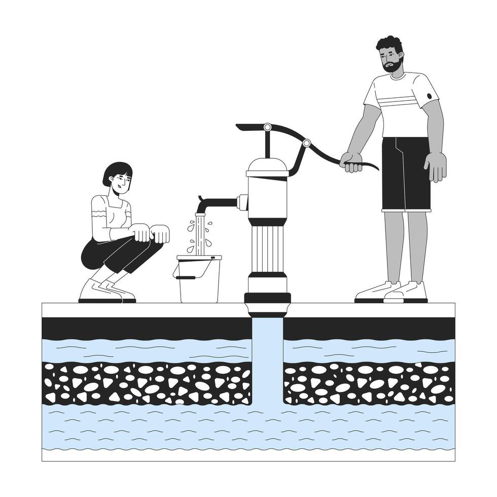 Hand water pump usage for groundwater extraction linear illustration. Black man filling bucket with waterpump, woman crouching 2D line characters isolated on white. Monochrome outline image vector