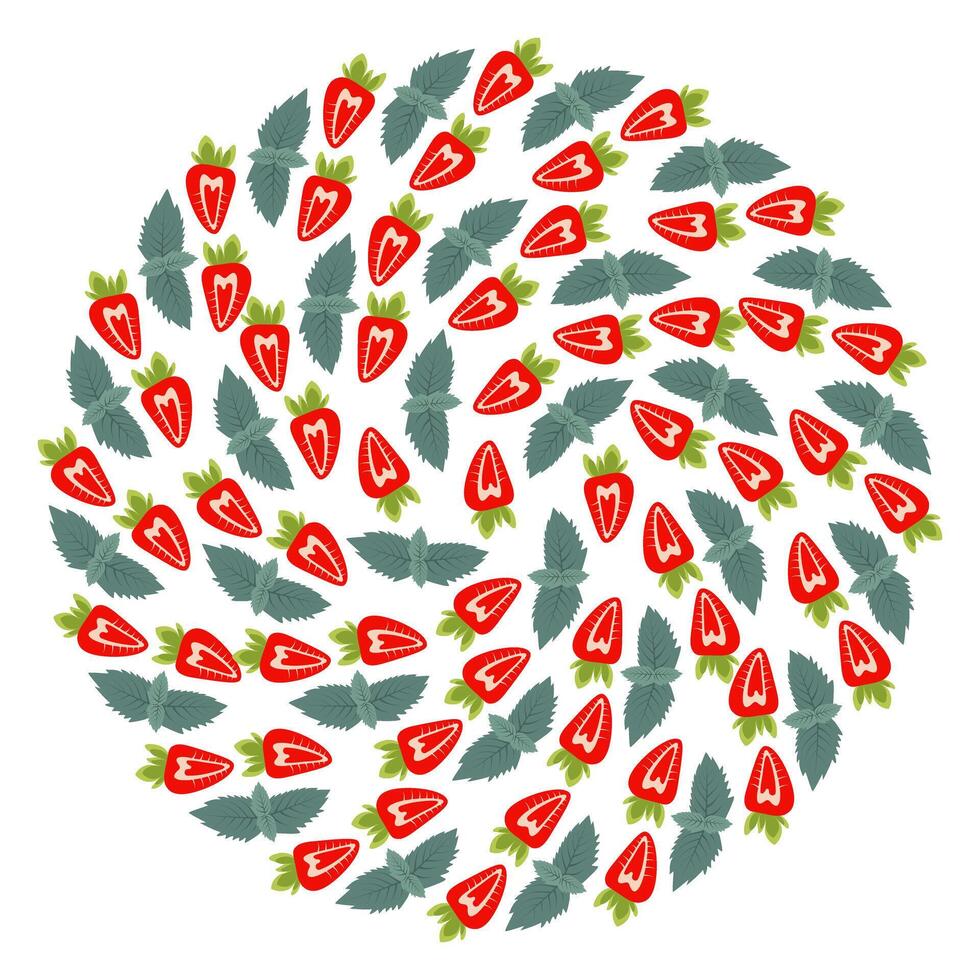 Stylized Strawberry with mint leaves Circular Background Texture in trendy shades. Summer fruit fond. Isolated illustration Thematic or menu cards, leaflets backdrop, label or web promo banner vector