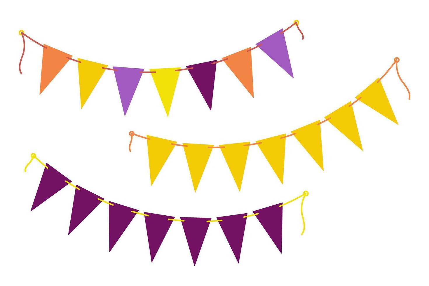 Triangular festive Pennant garland on rope in trendy Halloween or party shades. Set 3 Design element. Isolated illustration Thematic cards, poster, banner or web promo leaflet, label, price tag vector