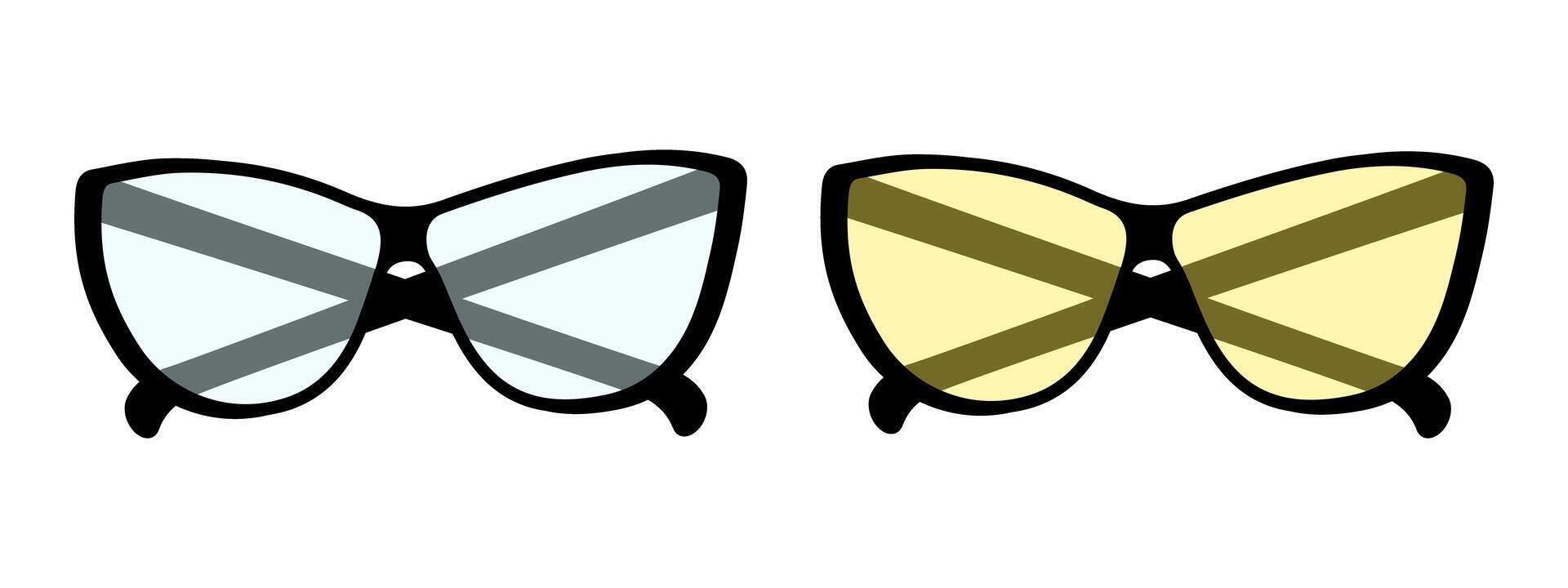 Set of 2 Abstract image of glasses with dark and clear lenses in grayscale. Sticker. Icon. Isolate. Design element for advertising promotion, greeting or invitation card, price or label, brochure. EPS vector