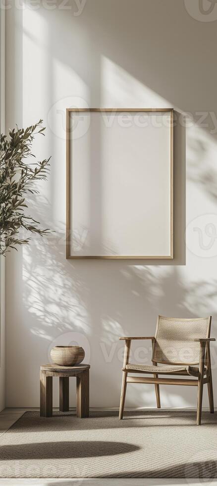 Modern living room interior with beige walls, beige armchairs and vertical mock up poster frame. 3d rendering photo