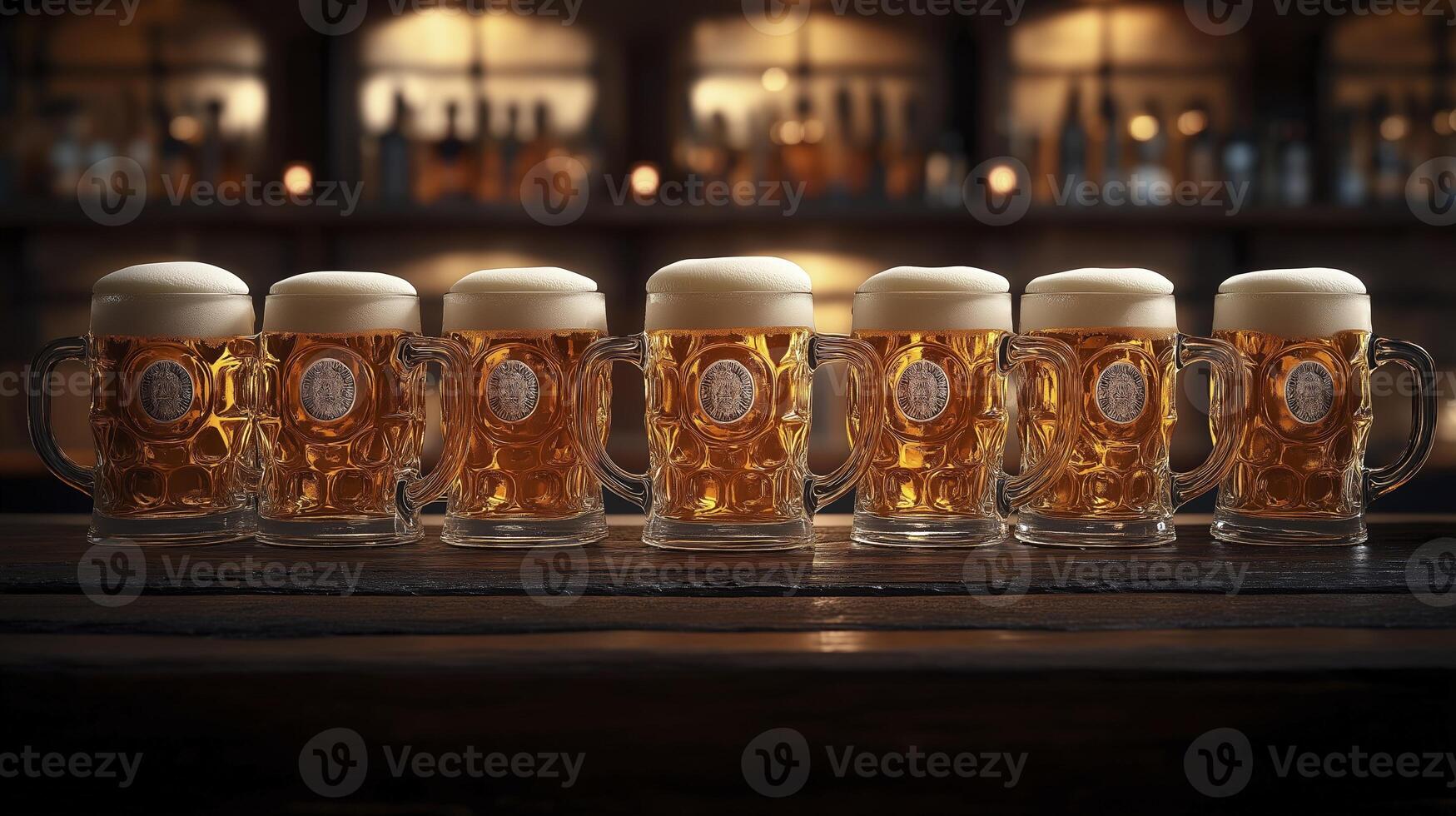 Beer glasses on the table in a pub. Beer glasses with beer. photo