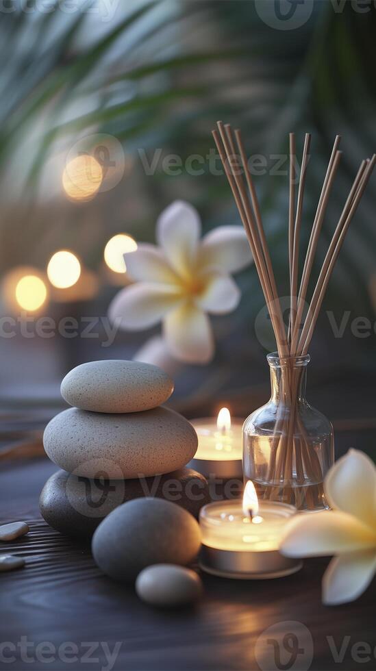 Beautiful spa composition with aroma sticks on wooden table, closeup photo