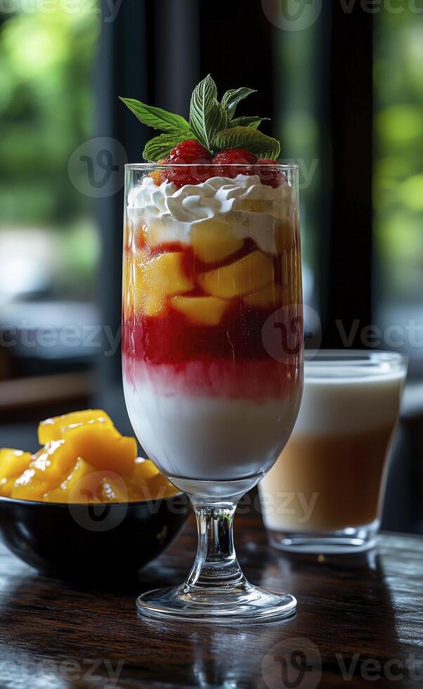 Mango yogurt with whipped cream and fresh fruits on wooden table. photo