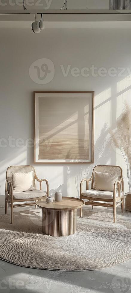 Modern design living room interior with white walls, concrete floor, beige armchairs and wooden coffee table. 3d render photo