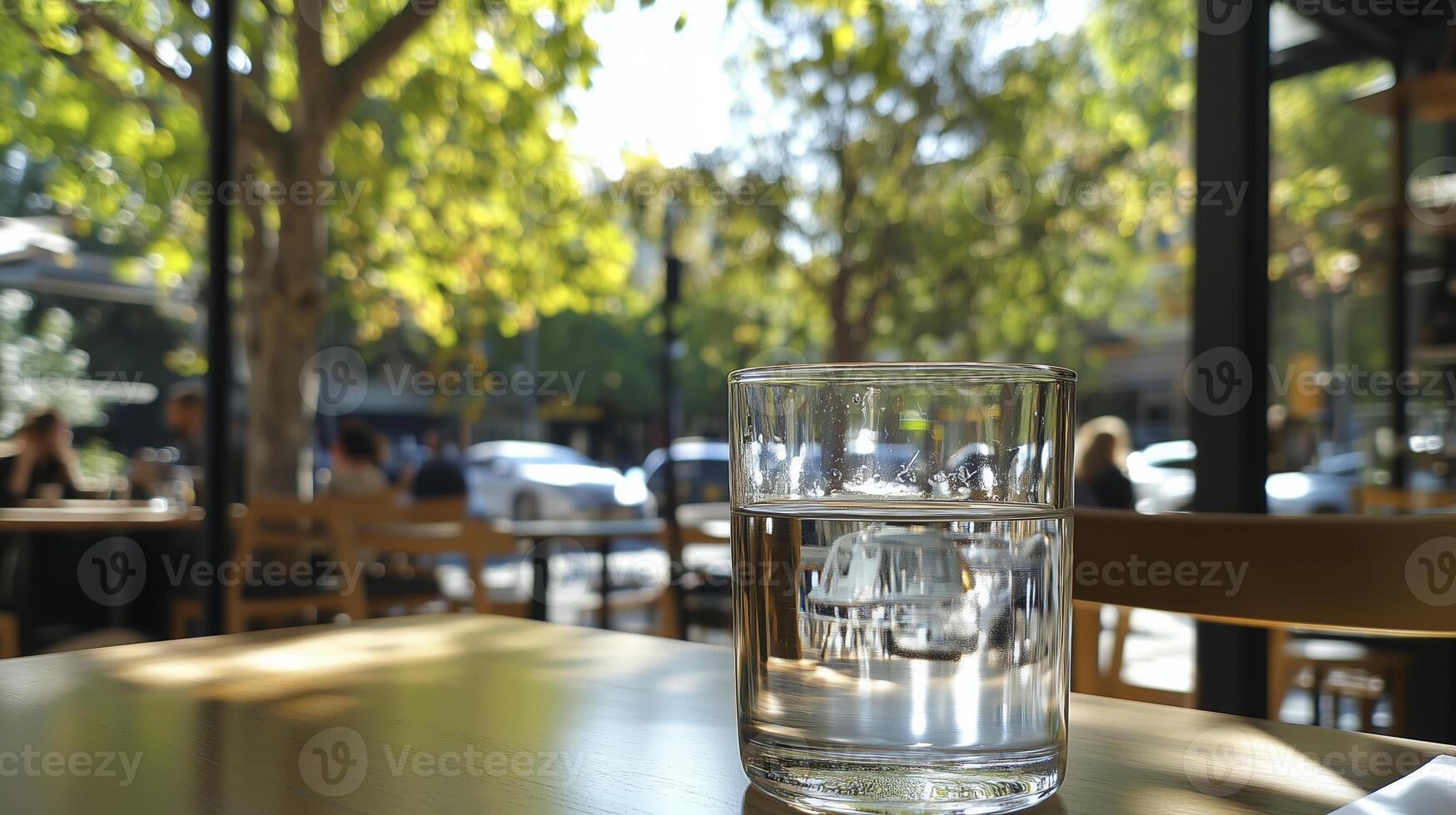 Glass of water on the table in a cafe Selective focus. photo