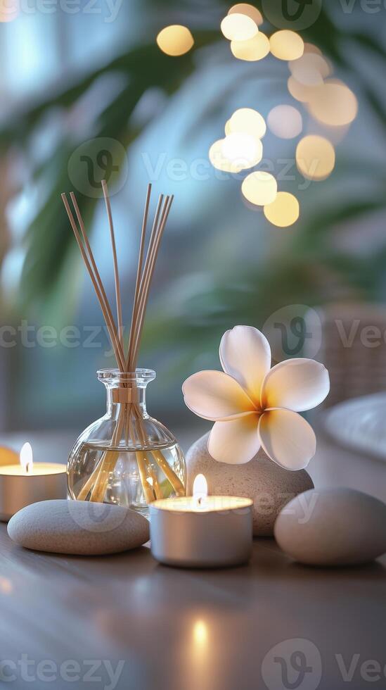 Beautiful spa composition with aroma sticks and candles on table in room photo