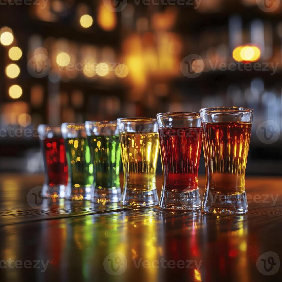 line of red yellow and green yellow shots on dark wooden bar photo