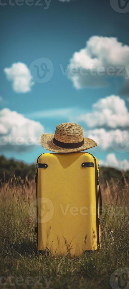 yellow suitcase is placed on hill, with a blue sky and white clouds in the background. The hat sits atop it photo