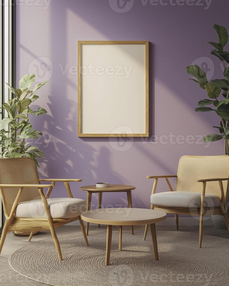 Interior of modern living room with purple walls, wooden floor, beige armchairs standing near round coffee table and vertical mock up poster. 3d rendering photo