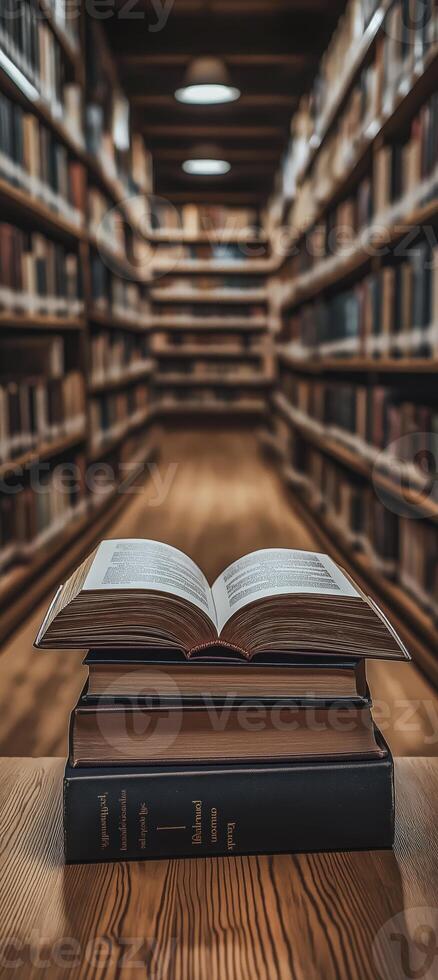 Books on the table in the library. Education concept. Back to school. photo
