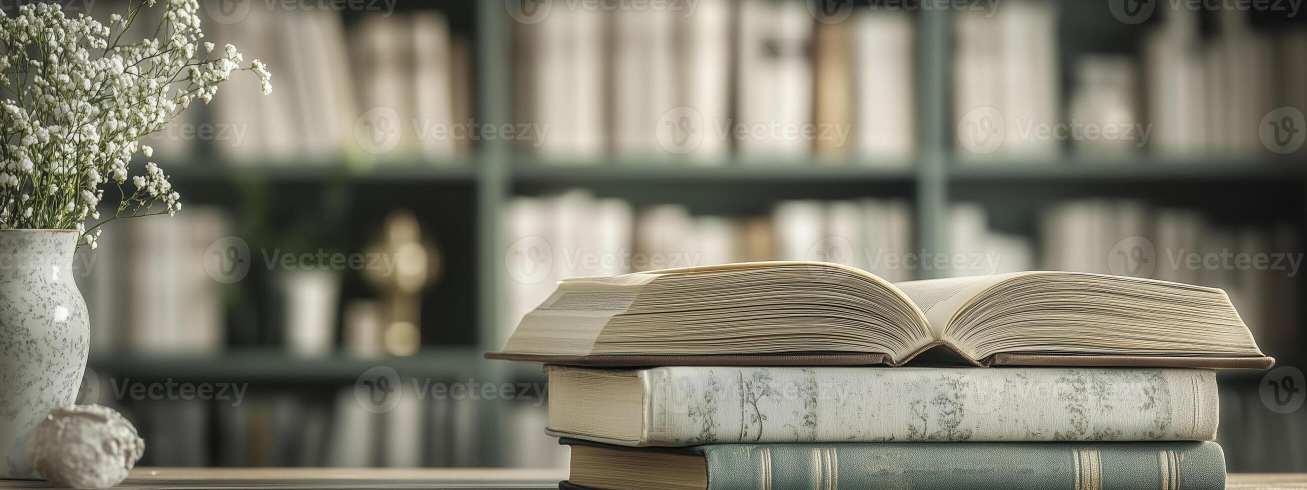 Open book on bookshelf in the library, education and knowledge concept photo