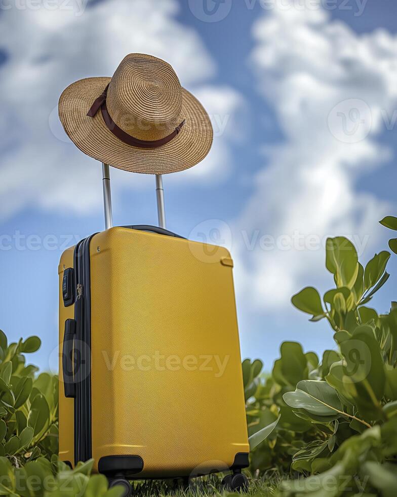 yellow suitcase is placed on the grass, with a blue sky and white clouds in the background. The hat hangs at top it photo