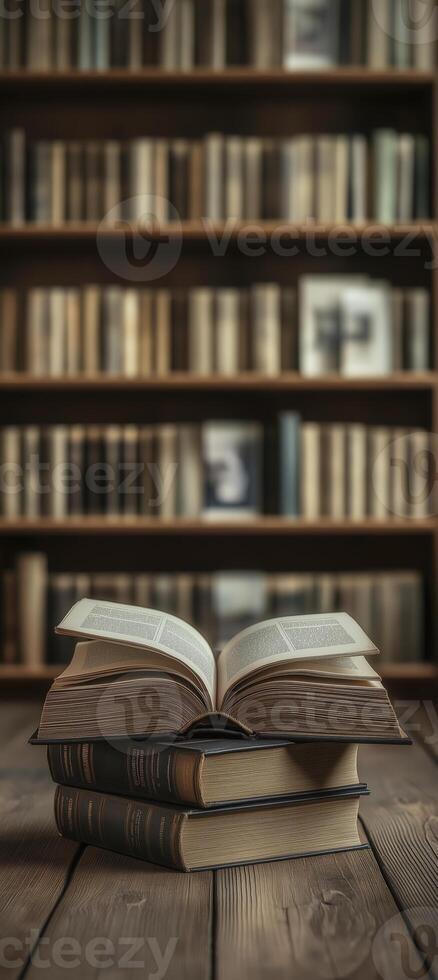 Books on wooden table and bookshelf background. Education concept. photo