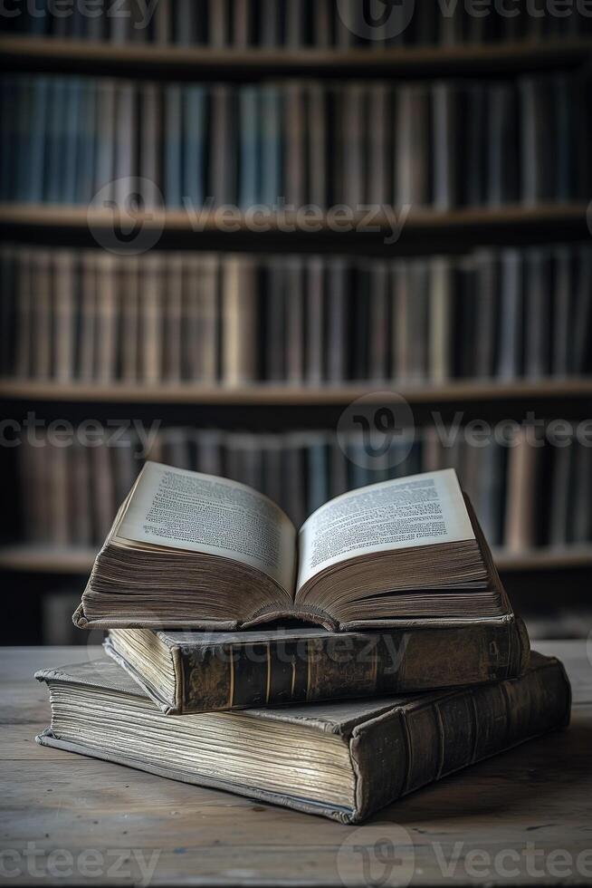 Old books on the wooden table in the library. Toned. photo