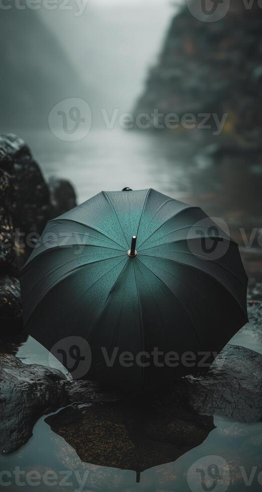 an umbrella with dark blue black colors in the water photo