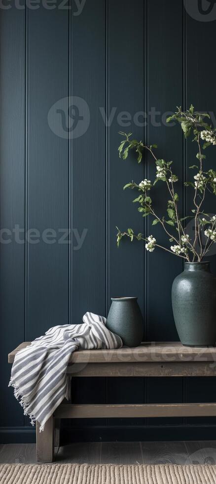 Vase with a branch of a tree on a wooden table. 3d rendering photo