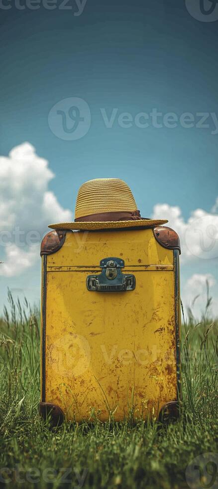 a yellow suitcase is placed on the grass, with a blue sky and white clouds in the background. The hat sits atop it photo