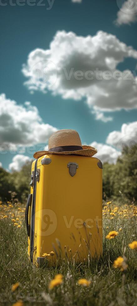 yellow suitcase is placed on the grass with a blue sky and white clouds in the background. The hat sits atop it photo